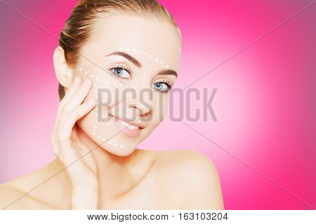 renovating skin concept. woman face portrait with lifting marks