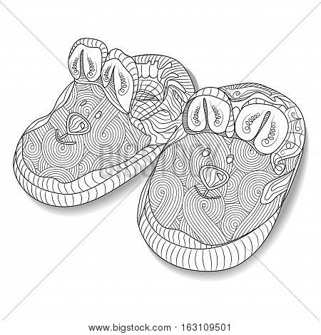 Doodle sketch of baby bootees in black and white zentangle design. Coloring book for adult and older children. Hand drawn vector illustration.