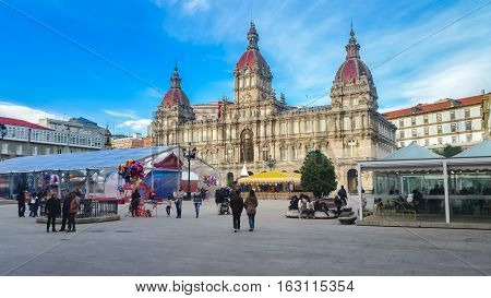 La Coruna, Galicia, Spain - December 8, 2016: Municipal Palace and City Hall Square of Coruna