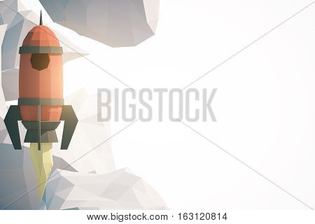 Abstract polygonal spaceship and clouds on white background with copy space. Startup concept. 3D Rendernig