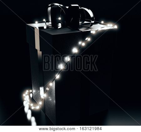 Black backlit present box and llights. Christmas concept. 3D Rendering