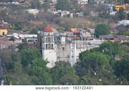 The church at Chalma (known for miracles) seen from the top of Malinalco (archeological site), Mexico