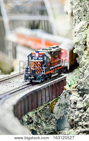miniature toy model train locomotives on display