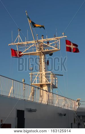 Denmark Scandinavia - October 4 2016: flags on the ferry boat from Frederikshavn Denmark to Gothenburg Sweden Scandinavia.