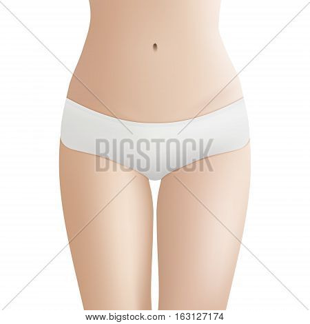 Beautiful woman s body in white bikini panties. Realistic vector template for design. Women health and intimate hygiene concept. EPS10 illustration.
