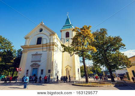 Vienna, Austria - 15 October, 2016: Tousists Visit St. Josefskirche At Kahlenberg In Vienna, Austria