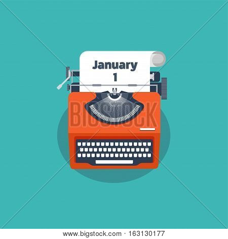 Typewriter in a flat style. Christmas wish list. Letter to Santa. New year. 2017. December holidays. January 1.