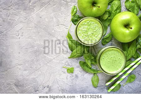 Spinach Apple Smoothie In A Mason Jar.top View With Copy Space.