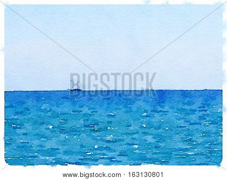Digital watercolor painting of a sailing boat at sea with space for text.