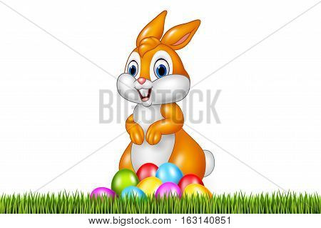 Vector illustration of Easter bunny with decorated Easter eggs in a field