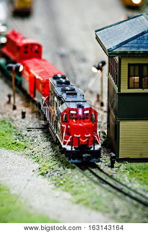 miniature toy model train locomotives on display