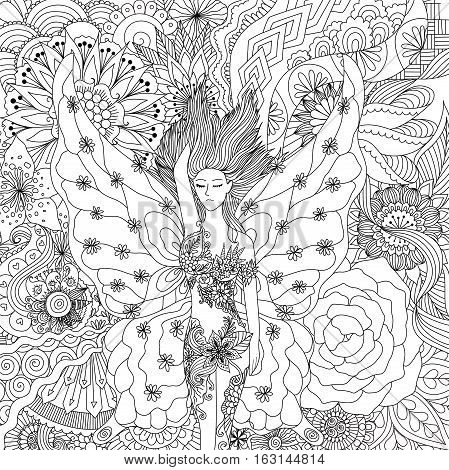 Beautiful fairy sleeping on flowers for adult coloring book