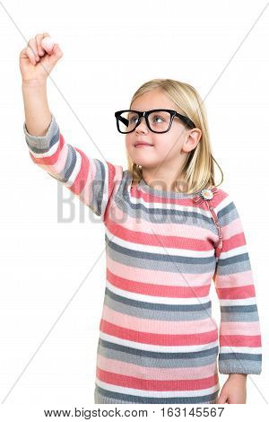 education, school and imaginary screen concept - cute little girl drawing in the air or imaginary screen
