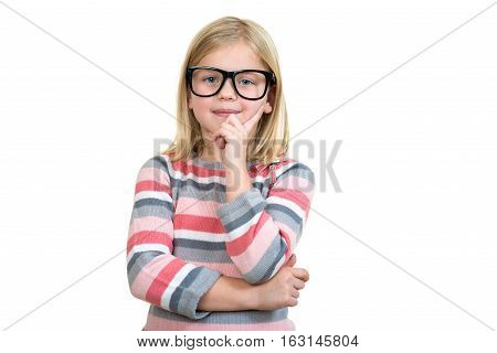 Adorable child in glasses thinking isolated on white.