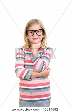 Adorable child in glasses thinking isolated on white.