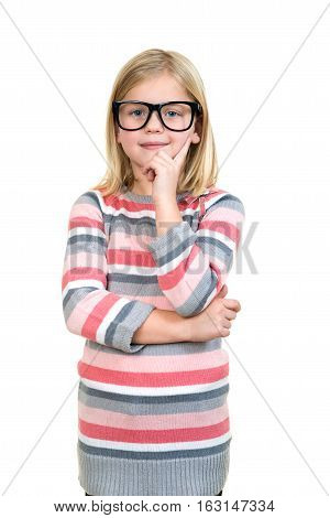 Adorable child in glasses thinking isolated on white.