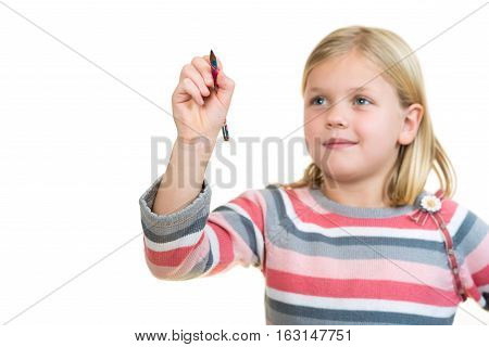 education, school and imaginary screen concept - cute little girl drawing in the air or imaginary screen
