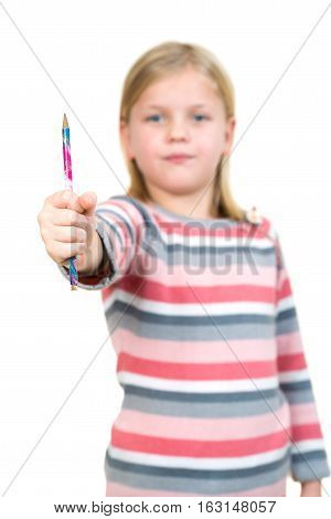 education, school and imaginary screen concept - cute little girl drawing in the air or imaginary screen