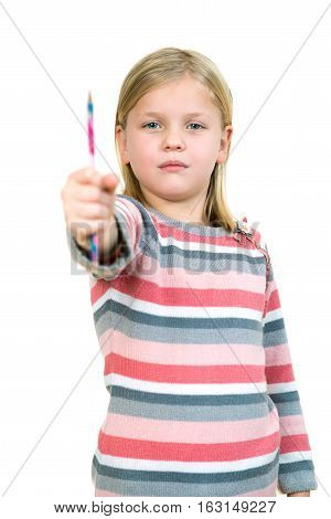 education, school and imaginary screen concept - cute little girl drawing in the air or imaginary screen