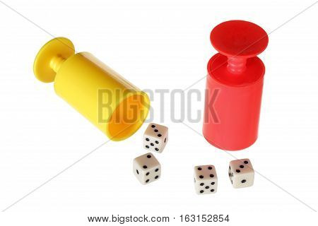 Dice and Dice Cups on White Background