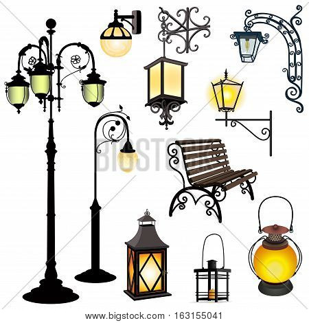 Set of different lanterns isolated objects and bench