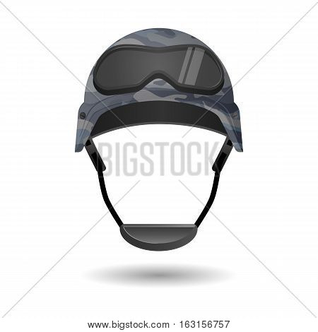 Military equipment for games. Helmet with glasses headwear element. Protective gear during conflicts. Symbol of army forces. Armor cap with goggles. Realistic part of uniform. Vector illustration