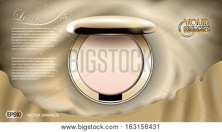 Luxury Cosmetics blush ads, . Golden cheek blush compact on silk background, Realistic 3d Vector illustration