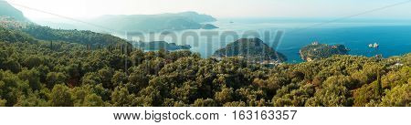 Panoramic view of Paleokastritsa in the morning Corfu Greece