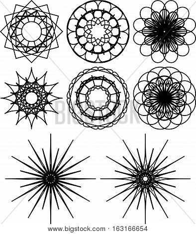 Set of eight spirograph shapes. Black and white outline. Flowers and snowflakes. Web design elements isolated on white background. Can be used as coloring pages. Vector