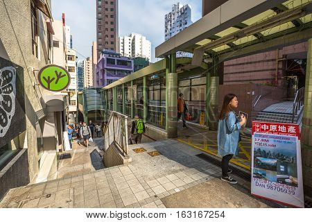 Hong Kong, China - December 4, 2016: Central-Mid-levels escalator in Shelley Street in Soho district, is a system of escalators and walkways connecting Central to Western.