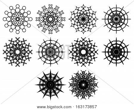 Set of spirograph design shapes. Flowers and snowflakes. Black outline. Web design elements isolated on white background. Can be used as anti stress coloring pages. Vector