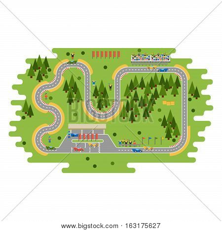 Race track curve road vector. Top view of car sport competition constructor symbols. Circuit transportation tire speedway line. Automobile highway flare formula finish.