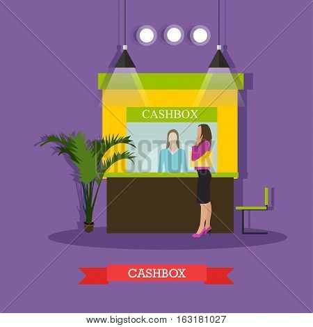 Vector illustration of bank cashbox, cashier and customer woman standing near cashbox window. Banking and finance concept design element in flat style