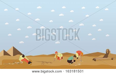 Excavation in Egypt concept vector illustration in flat style. Archaeologists, tools, human and dinosaur skeletons. Arts of architecture of ancient Egyptian culture - pyramids and statue of Sphinx.