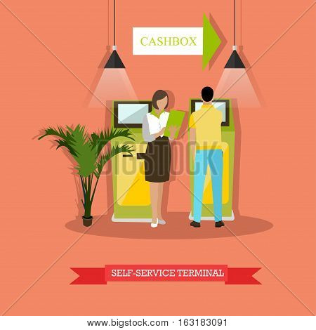 Vector illustration of people standing near self-service terminal. Man is carrying out operations with terminal, woman is holding dokuments. Banking and finance concept design element in flat style