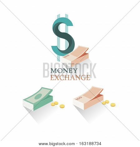 Vector illustration money exchange in flat style. Set of logo momey exchange. Different money and coins