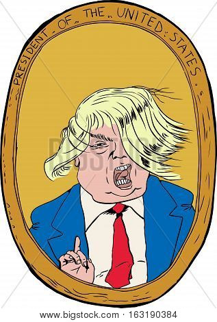 Dec. 27 2016. Caricature portrait of Donald Trump with stray hair extensions blowing in wind