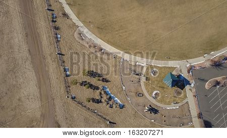 Aerial view of typical suburbian park in Western Ubited States in the Winter.