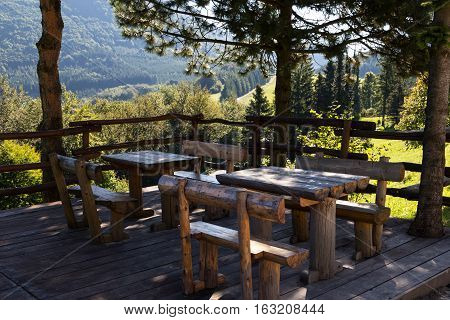Resting place with viewing platform with mountain view covered with forest. Little Fatra Mountains - Slovakia