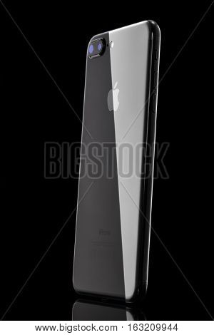 Varna Bulgaria - December 04 2016: Studio shot of a black Iphone 7 plus with Dual 12 MP Camera quad-core 223 GHz and 1080 x 1920 pixels Display Resolution