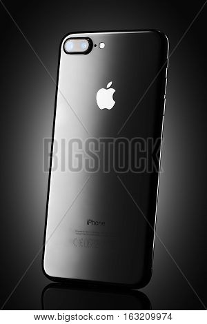 Varna Bulgaria - December 04 2016: Studio shot of a black Iphone 7 plus with Dual 12 MP Camera quad-core 223 GHz and 1080 x 1920 pixels Display Resolution