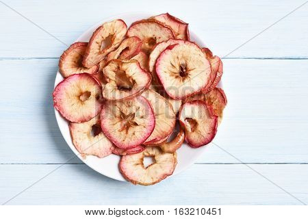 Dehydrated apples chips in bowl fruit healthy snack top view