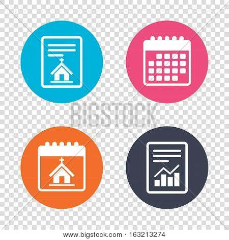 Report document, calendar icons. Church icon. Christian religion symbol. Chapel with cross on roof. Transparent background. Vector