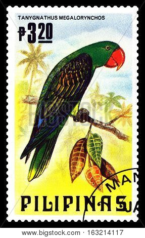 STAVROPOL RUSSIA - December 11 2016: A stamp printed by Philipines shows bird an Chornoplesy a parrot (Tanygnathus Megalorynchos) circa 1984