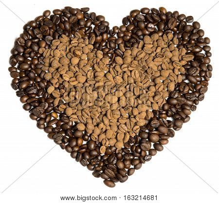 Coffee beans in heart shape on white background
