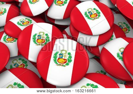 Peru Badges Background - Pile Of Peruvian Flag Buttons 3D Illustration