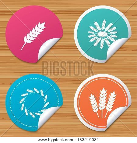 Round stickers or website banners. Agricultural icons. Gluten free or No gluten signs. Wreath of Wheat corn symbol. Circle badges with bended corner. Vector