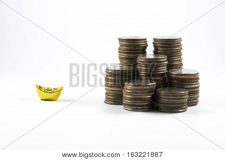 Compare value of gold and money on white background.