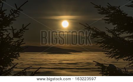 Sunrise In Jeseniky Mountains In Christmas Time Near Kralicky Sneznik Hill