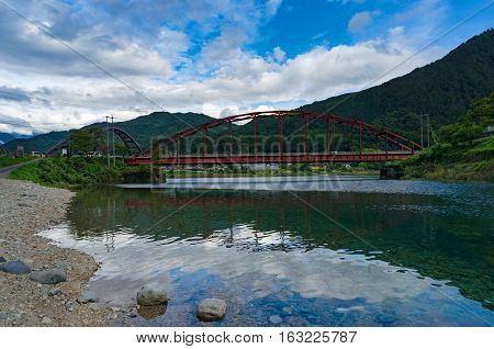 Red Bridge Across Kiso River, Japan